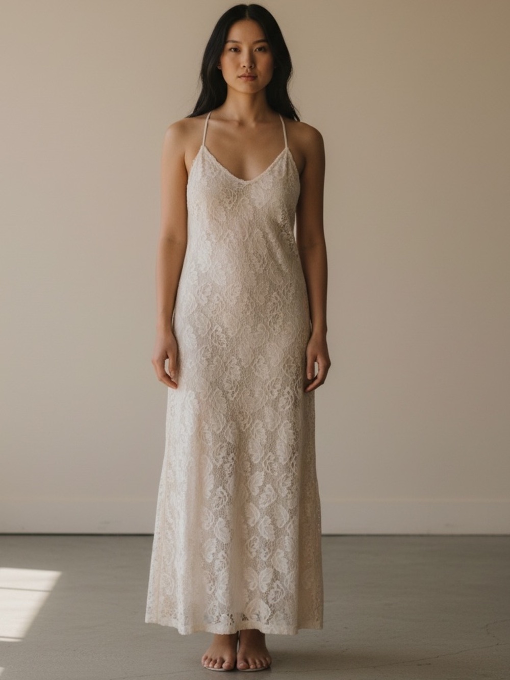Kay Unger Vintage Floral Lace Sequin Slip Maxi Dress Beige Size 4